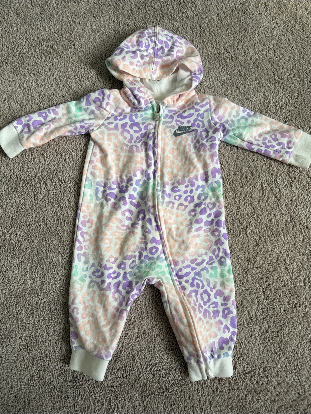 Nike Girls Size 6 Months Rainbow Leopard Print Long Sleeve Hooded One Piece